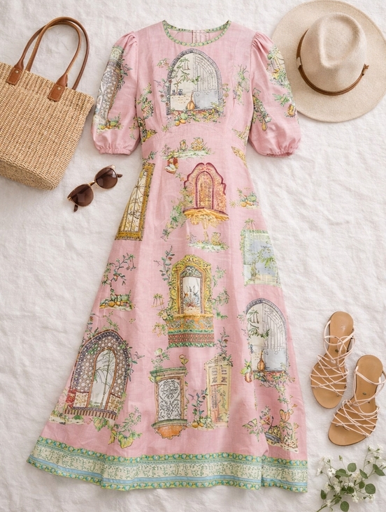 Alemais Monte Linen Midi Dress Pink Printed Flax Puff Sleeve Resort XXL - Picture 4 of 11